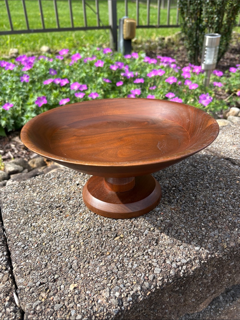 Vintage Mid Century Vermillion Real Walnut Wooden Pedestal Bowl made In Missouri